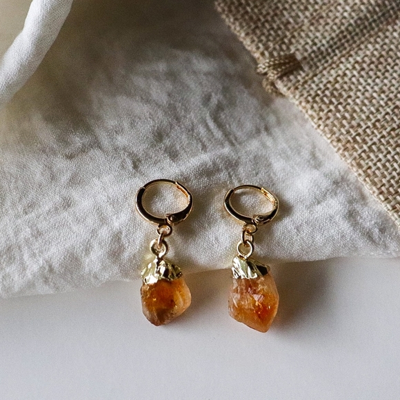 18K Gold Plated Handmade Genuine Citrine Gemstone Huggie Earrings - Picture 2 of 4